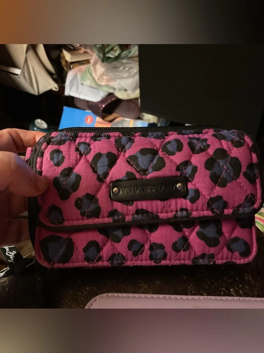 VERA BRADLEY LEOPARD PINK AND BLACK QUILTED WALLET - Picture 1 of 9